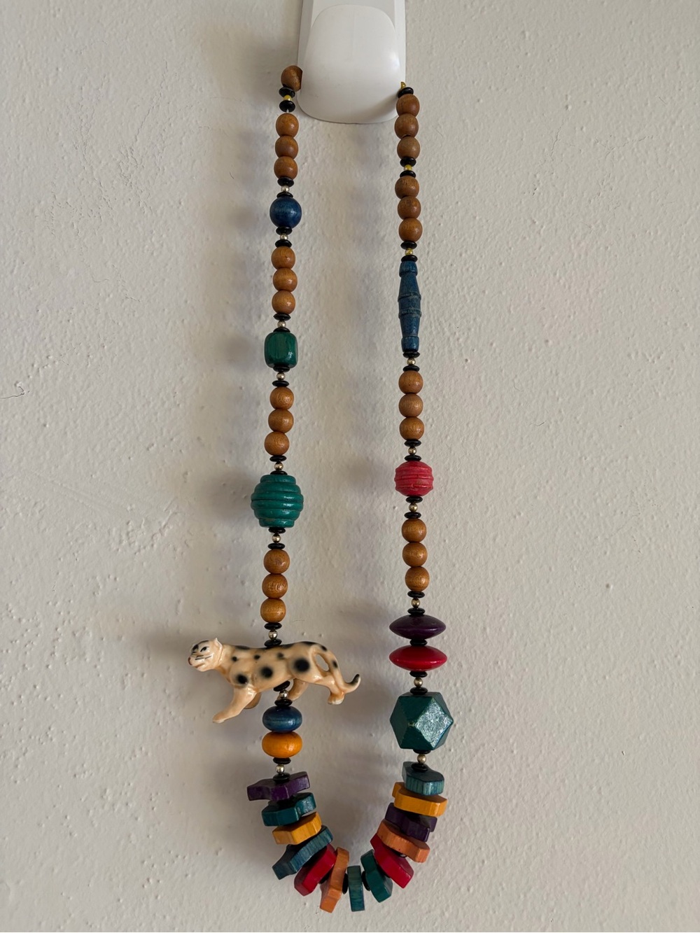 Vintage Wooden Bead Necklace with Animal Pendant - Multicolor